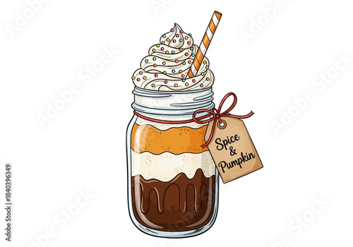 Pumpkin spice latte in a mason jar with whipped cream and tag