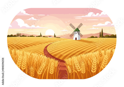 Rural landscape with a windmill in a golden wheat field at sunset, path leading to the mill, idyllic countryside scene, white