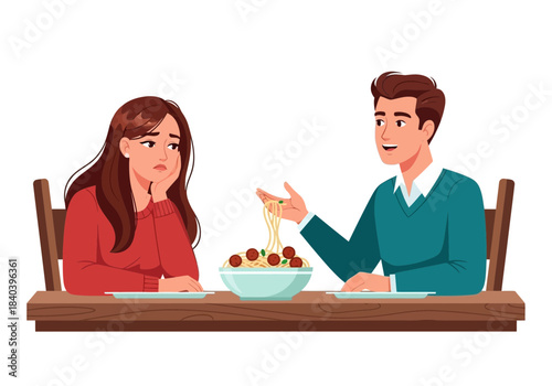 Unhappy woman looking away from man eating spaghetti with meatballs at dinner table, relationship problems or boredom, white