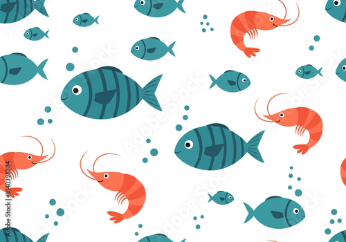Seamless pattern with cute blue fish and orange shrimp, underwater sea life theme, white