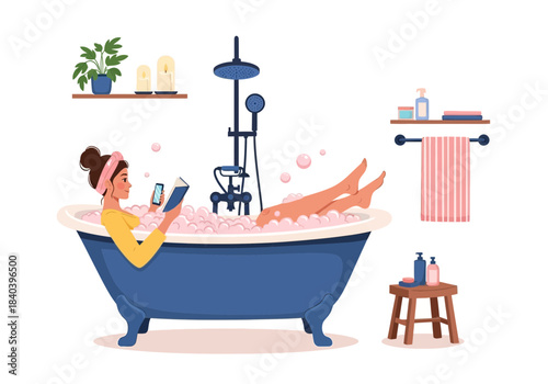 Woman relaxing in a bathtub with foam, reading a book and using a smartphone, selfcare and leisure time at home