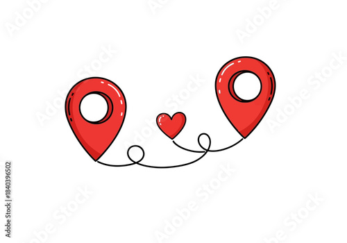 Two red map location pins connected by a wavy line with a small heart in the middle