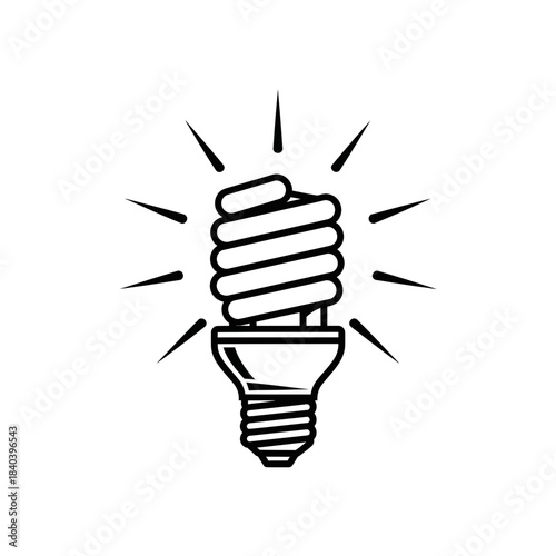Black and white icon of a compact fluorescent light bulb cfl glowing with light rays, white