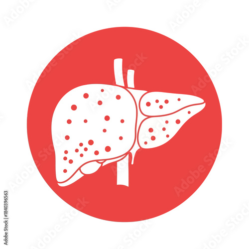 Icon of a diseased liver with spots, representing hepatitis or cirrhosis, white outline on a red circular background