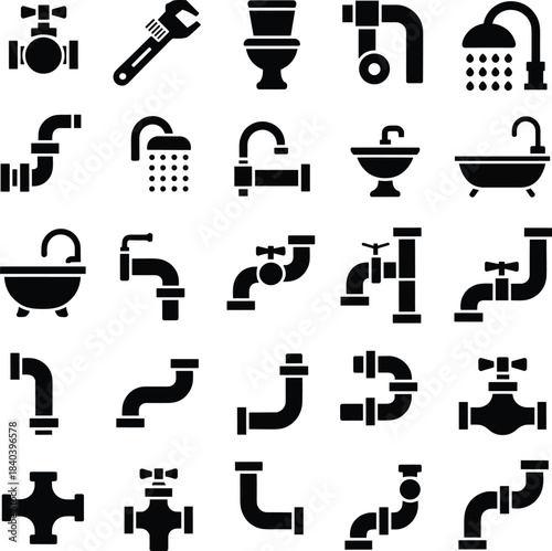Plumbing Fixtures and Pipe Fittings Icons Collection pipes water