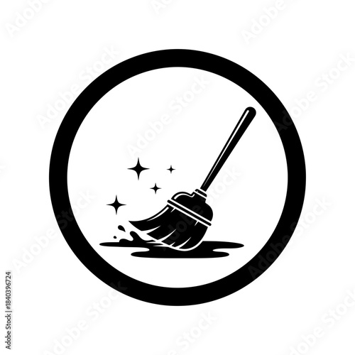 Black and white icon of a mop or broom cleaning a dirty spot with sparkling stars, representing cleaning service, hygiene, tidiness, or janitorial work inside a circular frame
