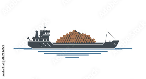 Cargo ship carrying stacked barrels on calm water background  