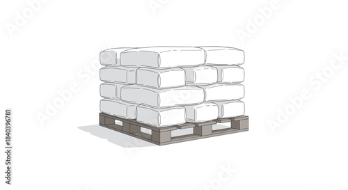 Stacked white  plaster bags on wooden pallet in minimalistic style  