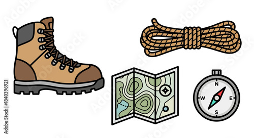 Hiking Essentials - Boot, Rope, Map, and Compass for Adventure.