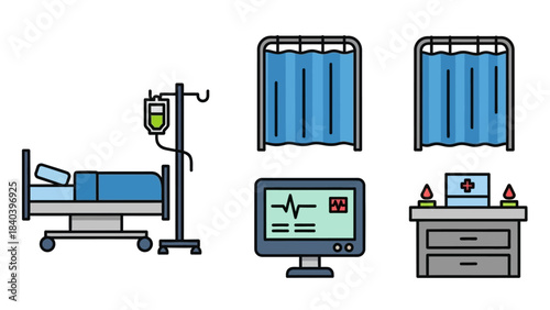 Hospital Room Equipment - Bed, Monitor, Curtains, and Medical Cabinet.