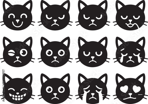 Set of Black Cat Faces Expressions Emotions