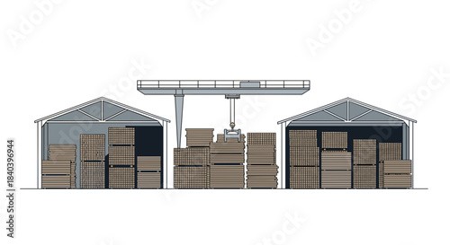 Warehouse with stacked boxes and crane system for storage  