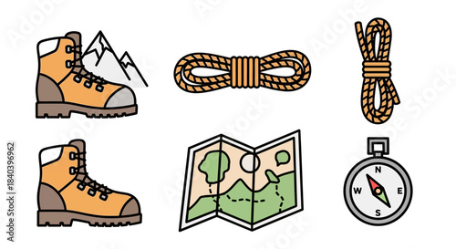 Hiking Gear Icons - Boots, Rope, Map, and Compass for Outdoor Adventures.