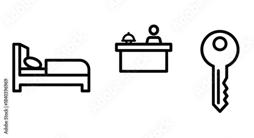 Hotel Amenities Icons - Bed, Reception Desk, and Room Key.