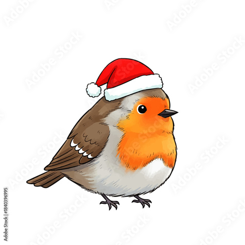 Cute cartoon robin bird wearing a red Santa hat, perfect for Christmas and holiday designs. This adorable festive illustration is isolated on a white background.