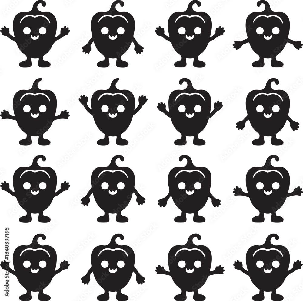 Fototapeta premium Set of playful pepper characters in black and white