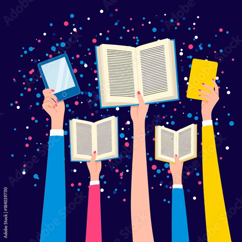 Hands holding up open books, tablet, and smartphone against a dark background filled with colorful confetti, celebrating reading and digital learning
