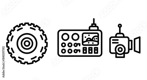 Icons of wheel, radio, and camera representing technology and communication.