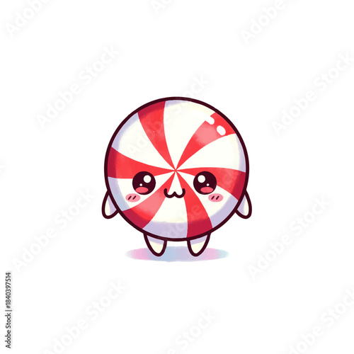 A cute, kawaii-style peppermint candy with a happy face and rosy cheeks, featuring a classic red and white spiral design, isolated on a white background.
