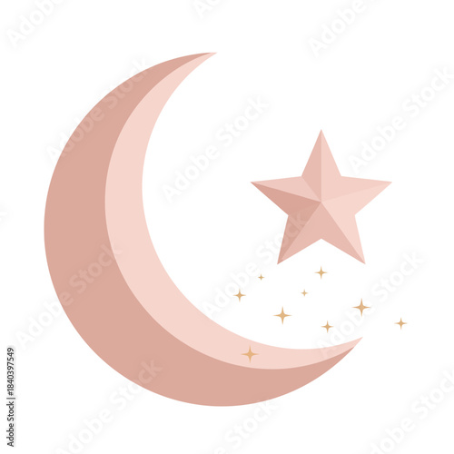 Pastel pink crescent moon and star with small sparkles, celestial body icon