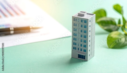 書類とタワーマンション模型が並ぶ不動産投資のビジネス資料構図