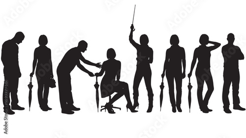 a row of eight people in various poses each holding an umbrella depicted in black silhouette on transparent background high quality professional detailed modern elegant stylish