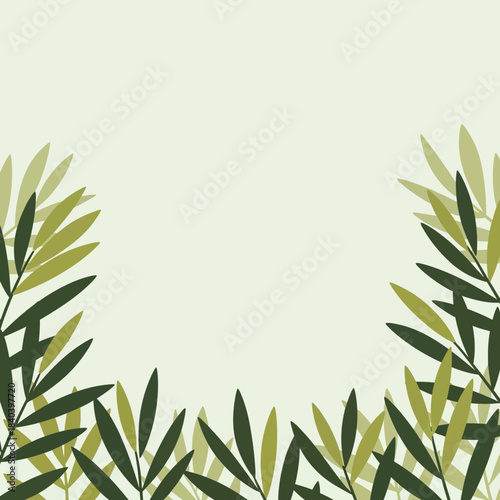 Frame of olive branches and leaves in shades of green on light background