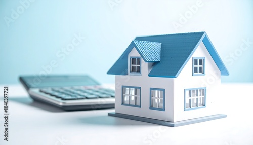 青屋根の一戸建て住宅模型が電卓と資料に囲まれた投資計画構図