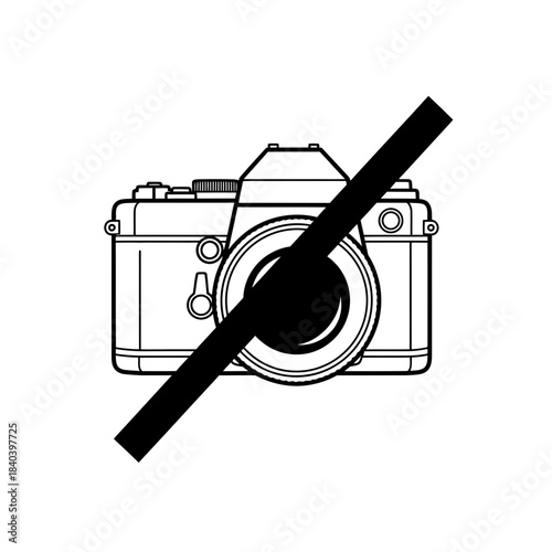Black and white line art icon of a vintage film camera with a diagonal line crossing it out, symbolizing photography prohibition or no camera allowed