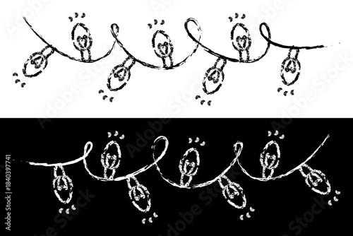 Childlike crayon chalk garland drawing in black and white. Hand drawn festive string lights illustrated in playful kids sketch style with soft wax pastel texture. Vector isolated decoration.