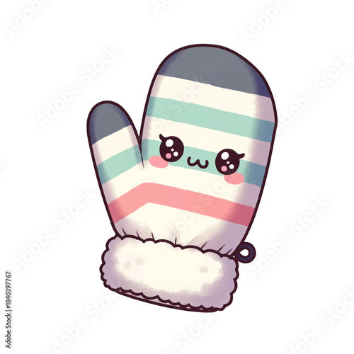 Adorable kawaii striped mitten with a sweet face and fluffy cuff, illustrated in soft pastel colors, perfect for winter and cozy themes.