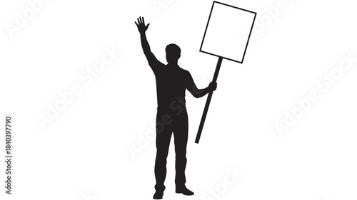 a black silhouette of a man raising one hand while holding a blank white sign on transparent background high quality professional detailed modern elegant stylish clean