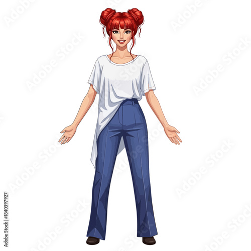 Young woman with bright red hair in double buns, wearing a white asymmetrical top and blue pinstripe wideleg pants, standing with arms slightly outstretched