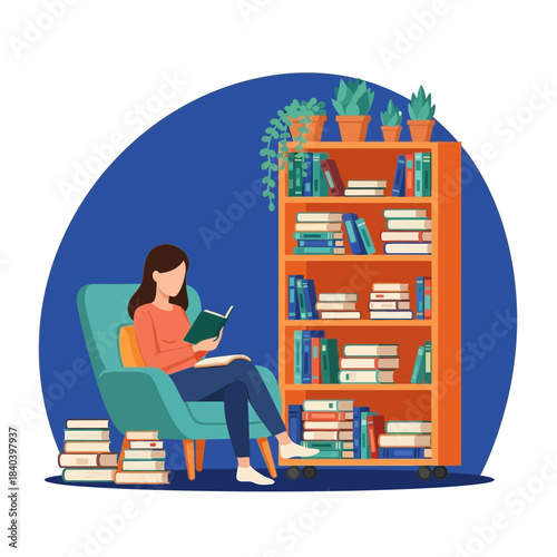 Woman sitting in an armchair reading a book next to a tall orange bookshelf filled with books and potted plants, illustration