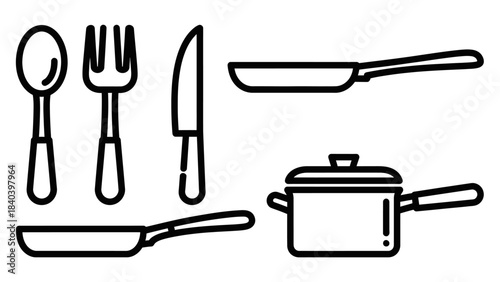Kitchen Utensils - Spoon, Fork, Knife, Frying Pans, and Saucepan Illustration.