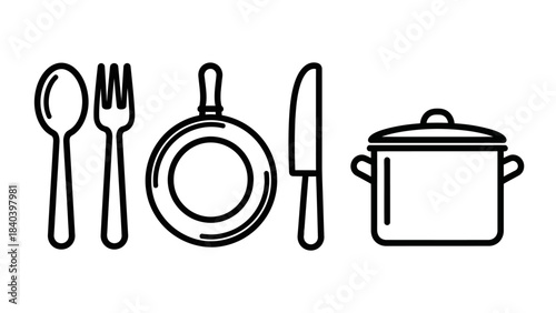 Kitchen Utensils - Spoon, Fork, Pan, Knife, and Cooking Pot Illustration.