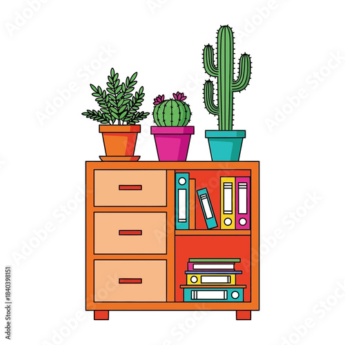 Illustration of three potted succulents and cacti on top of an orange wooden filing cabinet with drawers and shelves holding books and binders, vector art