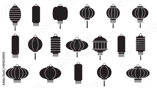 a collection of various asian lanterns in black silhouette style perfect for festive designs on transparent background high quality professional detailed modern elegant stylish clean crisp