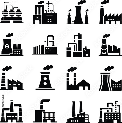 Set of industrial factory building icons with smoke stacks industry plant
