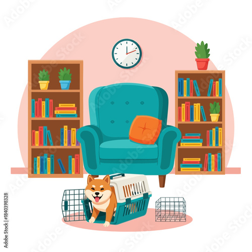 Cozy living room scene with a comfortable turquoise armchair, bookshelves filled with books and potted plants, a wall clock, and a happy shiba inu dog emerging from its carrier crate on the floor