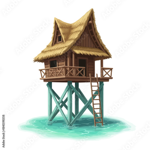 Traditional wooden stilt house or hut with thatched roof standing over turquoise water, tropical island architecture illustration