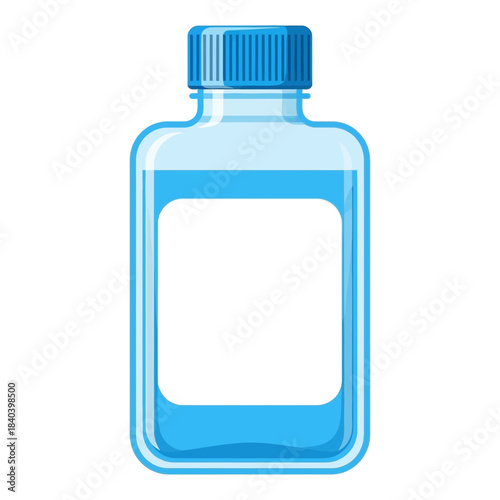 Small transparent blue plastic bottle filled with clear blue liquid and a blue screw cap