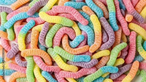 A cheerful and colorful full-frame background of sour gummy worm candies. The vibrant, multi-colored, and sugar-coated worms create a fun and playful texture for party and sweet concepts.