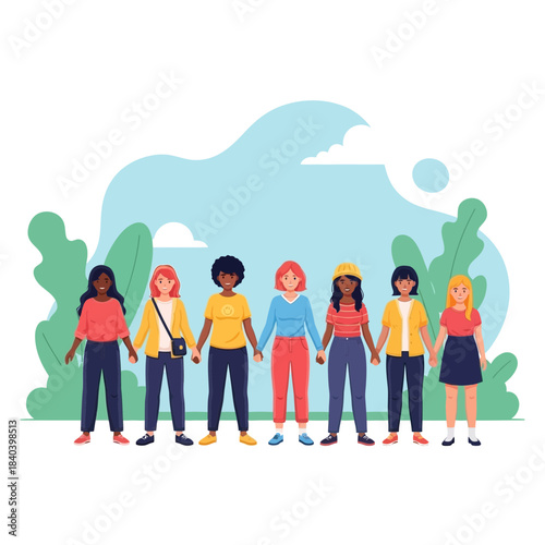Diverse group of seven young women standing together holding hands in a line against a stylized outdoor background with green foliage and blue sky elements
