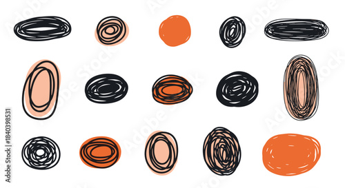 Collection of hand drawn circular and oval doodles in black orange and peach tones arranged as abstract shapes across a white background.