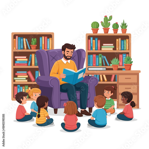 Teacher reading a book to a group of diverse children sitting on the floor in a library or classroom setting with bookshelves filled with books and potted plants