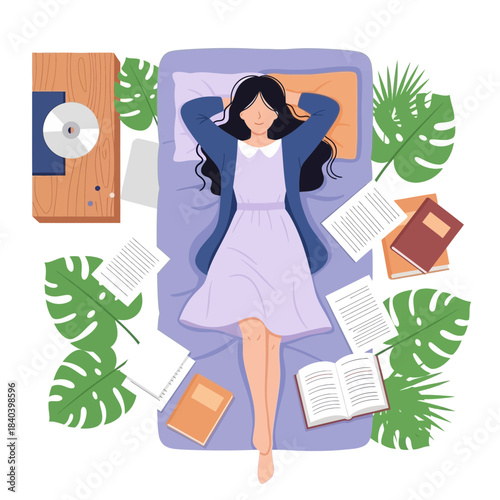 Young woman relaxing on bed surrounded by books, papers, and tropical leaves, top view illustration