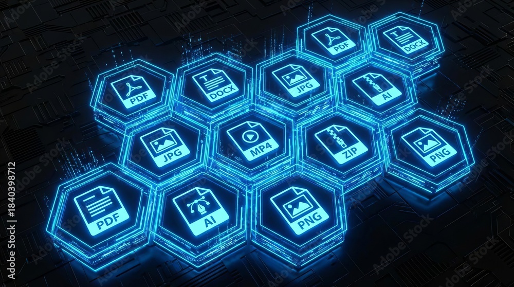 Fototapeta premium Glowing hexagonal blocks displaying various file formats and icons on a dark black background, creating a futuristic, high-tech digital interface
