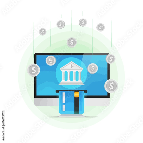 Online banking concept with credit card transaction, digital payment, money transfer, and bank building icon on computer screen, financial technology illustration