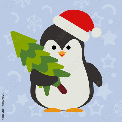 Penguin in red Santa hat holding bright green Christmas tree. Perfect festive vector element for winter holiday cards, banners, invitations, and promo designs